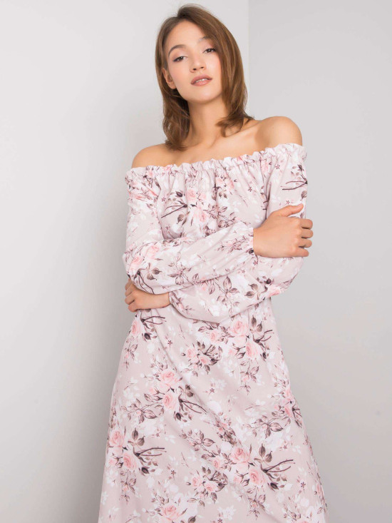 RUE PARIS Roza cvjetna maxi haljina s off-shoulder krojem