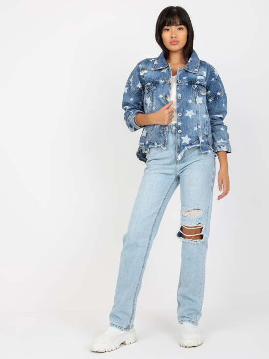 Modra ženska jeans jakna s potiskom in luknjami