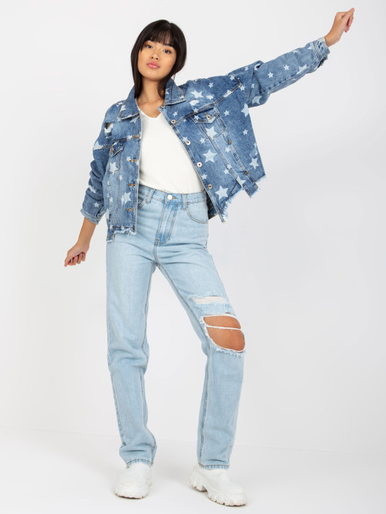 Modra ženska jeans jakna s potiskom in luknjami