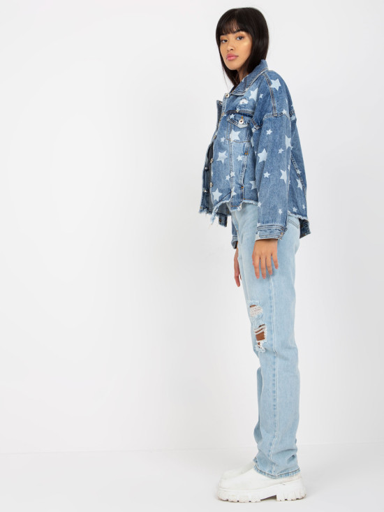 Modra ženska jeans jakna s potiskom in luknjami