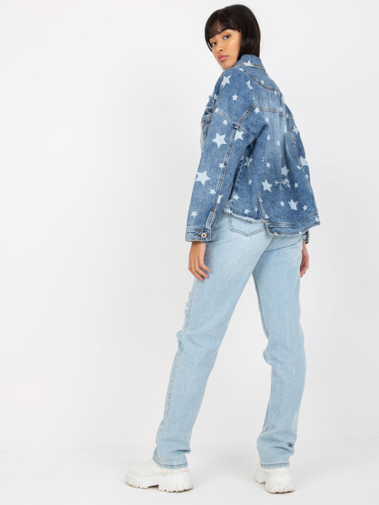 Modra ženska jeans jakna s potiskom in luknjami