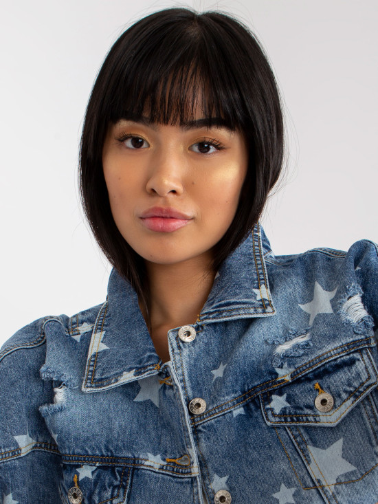 Modra ženska jeans jakna s potiskom in luknjami