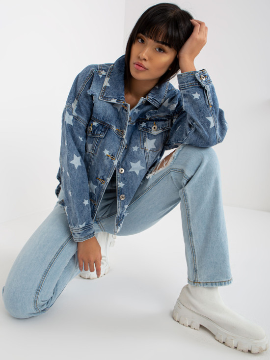 Modra ženska jeans jakna s potiskom in luknjami