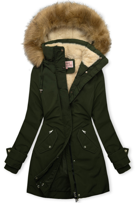 Daljša parka s krznom temno zelena/bež