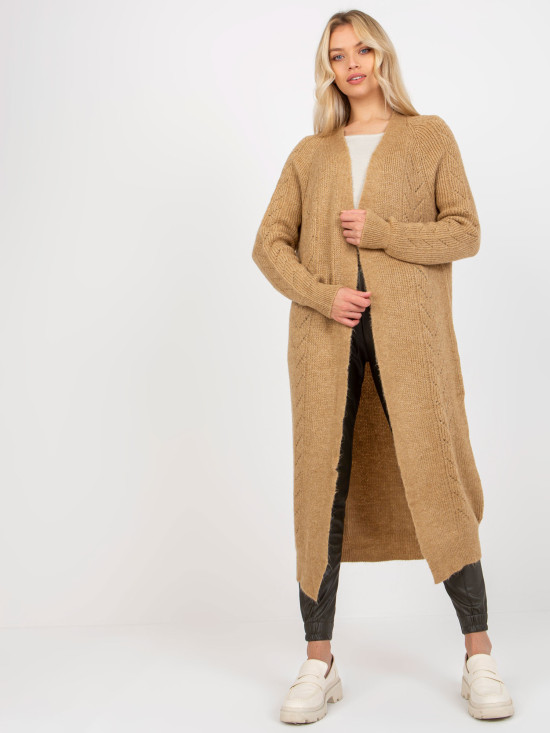 Camel maxi kardigan z ażurowým vzorom