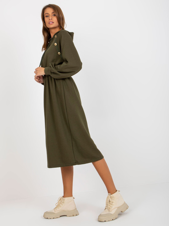 Khaki midi razširjena obleka iz trenirk z gumbi