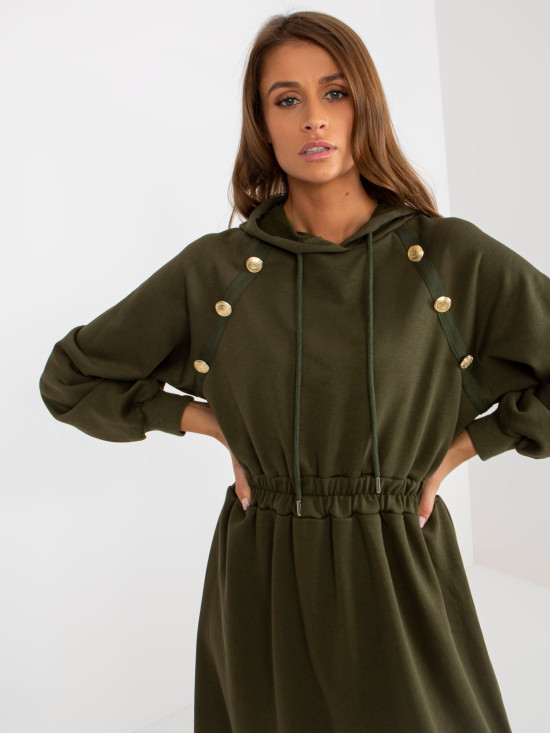 Khaki midi razširjena obleka iz trenirk z gumbi
