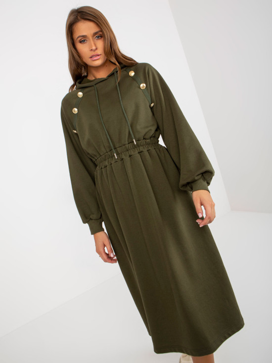 Khaki midi razširjena obleka iz trenirk z gumbi
