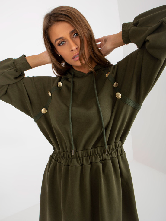 Khaki midi razširjena obleka iz trenirk z gumbi