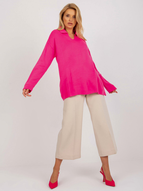 Fluo roza ženski oversize pulover z ovratnikom RUE PARIS