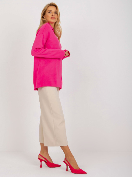 Fluo roza ženski oversize pulover z ovratnikom RUE PARIS