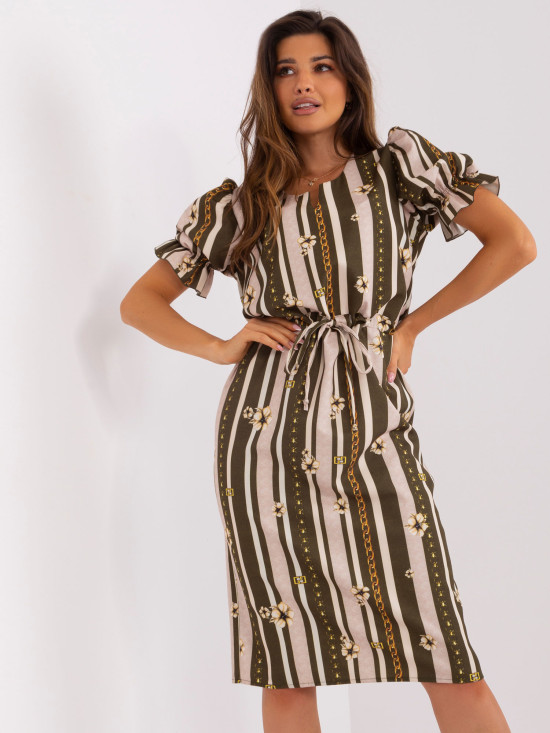 Khaki midi obleka s potiskom in kratkimi rokavi