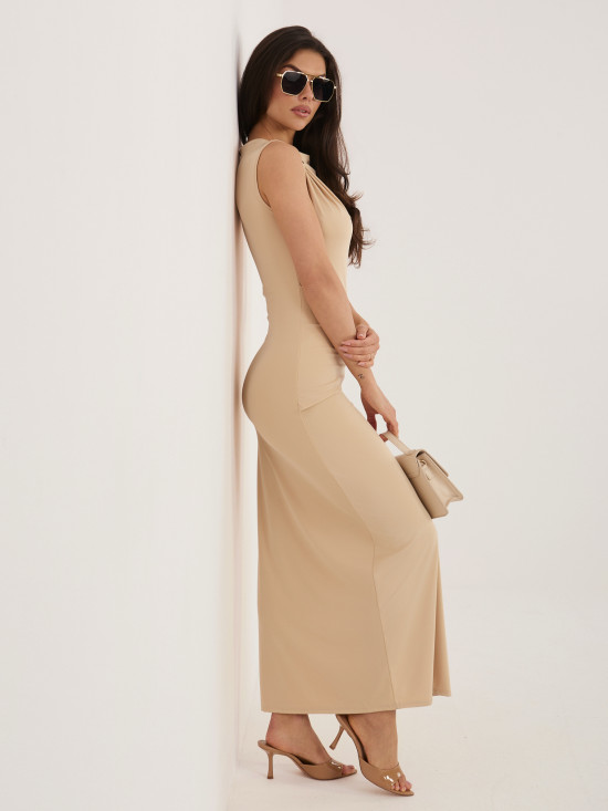 Bež midi obleka oprijetega kroja brez rokavov