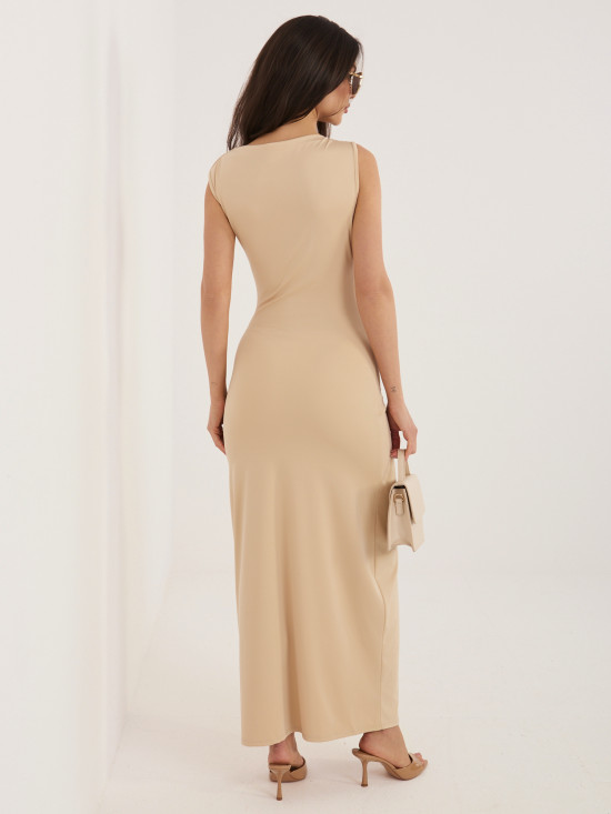 Bež midi obleka oprijetega kroja brez rokavov