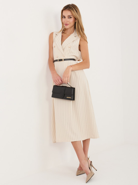 Bež midi obleka A-kroja z ovratnikom in pasom