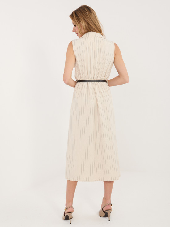 Bež midi obleka A-kroja z ovratnikom in pasom