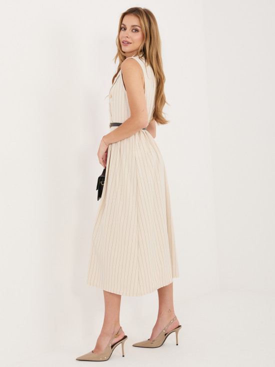 Bež midi obleka A-kroja z ovratnikom in pasom