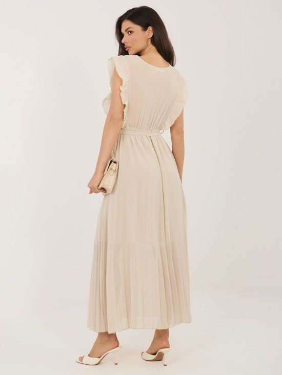 Bež obleka A-kroja z pasom, midi dolžina
