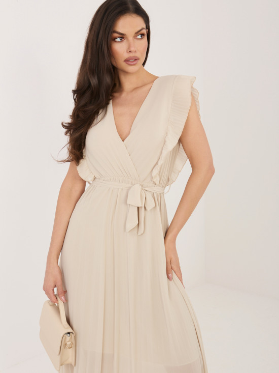 Bež obleka A-kroja z pasom, midi dolžina