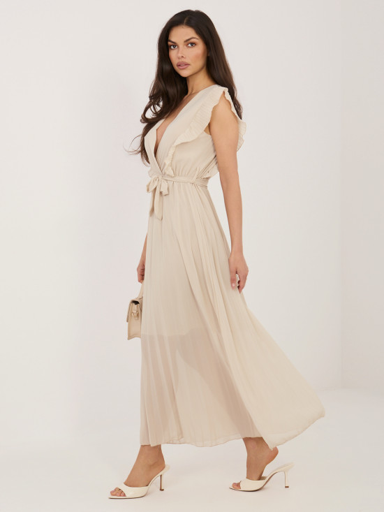 Bež obleka A-kroja z pasom, midi dolžina