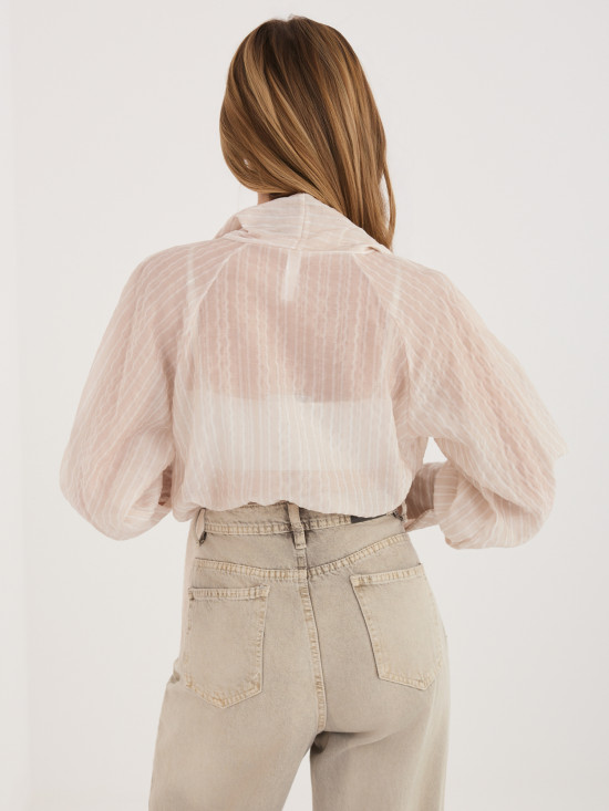 Bež srajca s črtami, vezalko in nabranimi rokavi