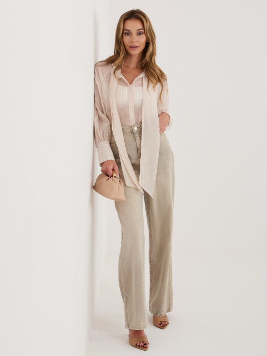 Bež srajca s črtami, vezalko in nabranimi rokavi