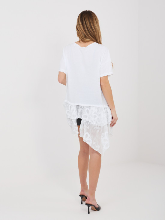 Bela bombažna bluza s kratkimi rokavi in volanom