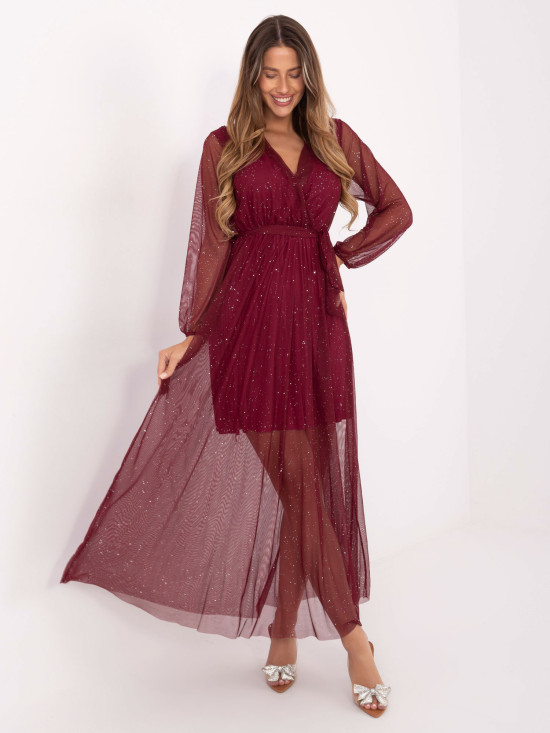 Bordo maxi obleka s pasom in podlogo