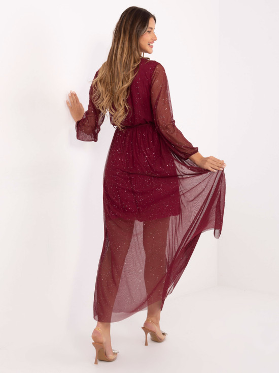 Bordo maxi obleka s pasom in podlogo
