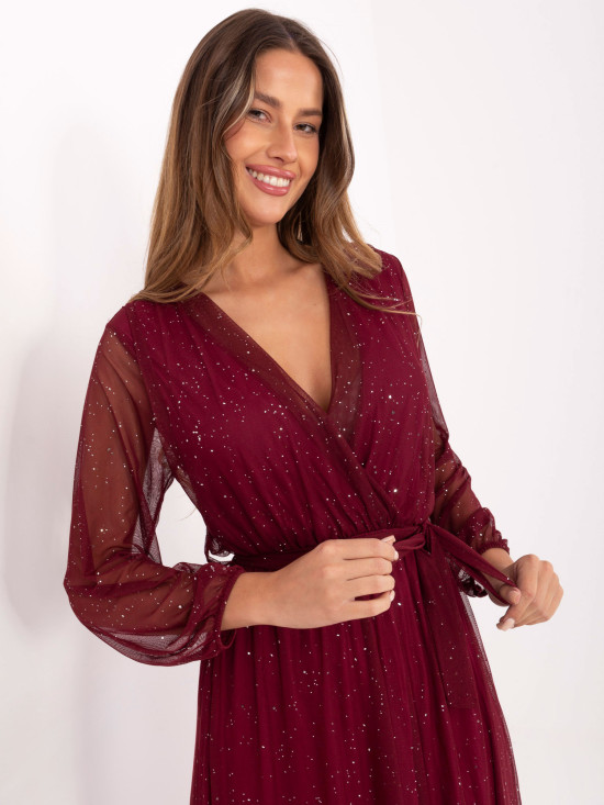 Bordo maxi obleka s pasom in podlogo