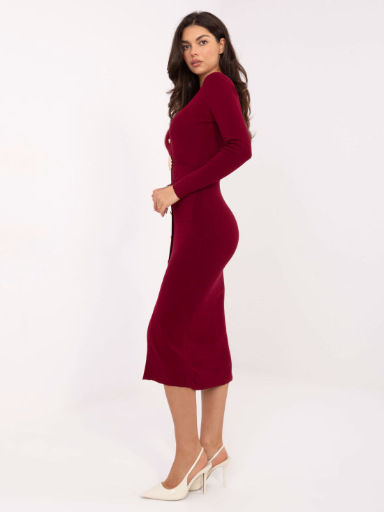 Bordo midi pletena obleka z V-izrezom in gumbi