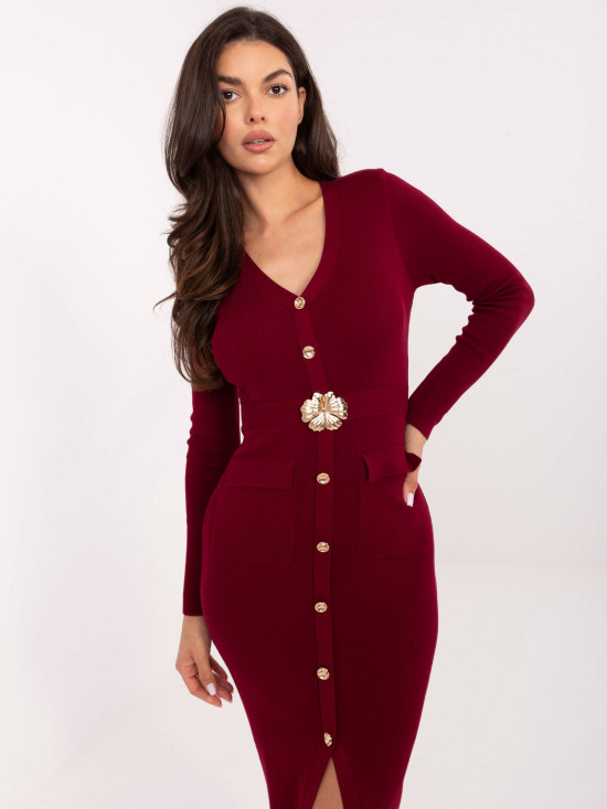 Bordo midi pletena obleka z V-izrezom in gumbi