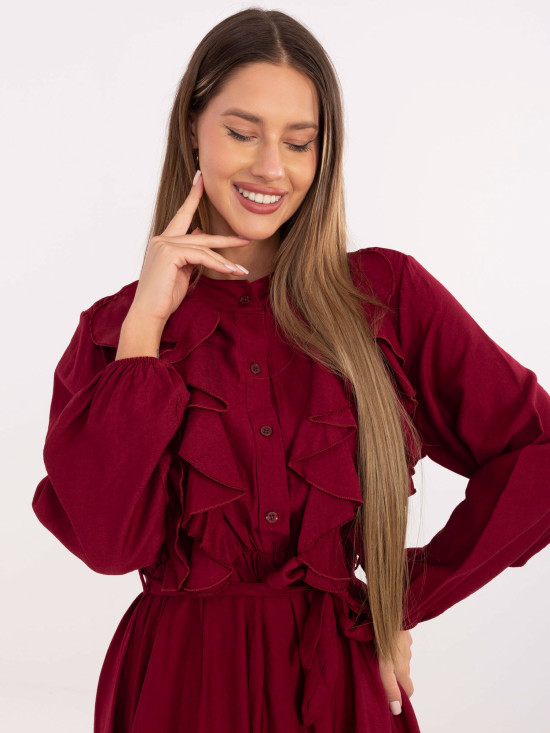 Bordo midi obleka z volanom in pasom