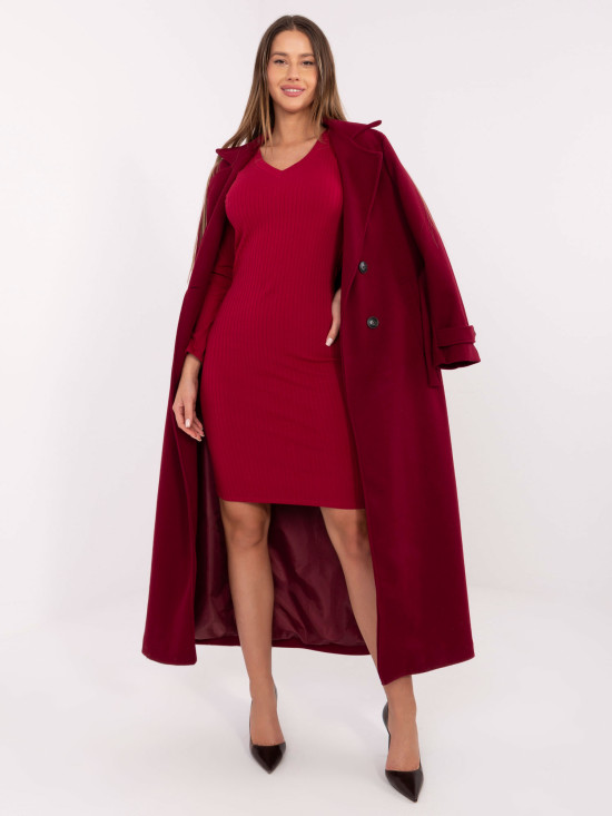 Bordo rebrasta oprijeta obleka z dolgimi rokavi in V-izrezom