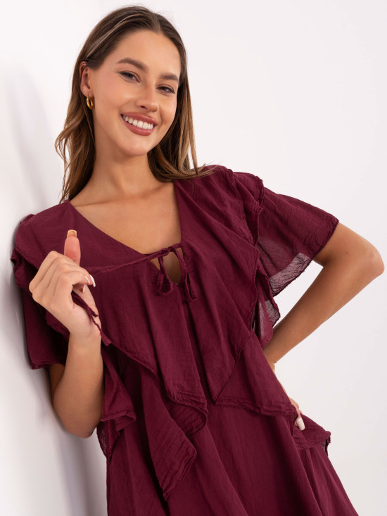 Oversize obleka s kratkimi rokavi v bordo barvi