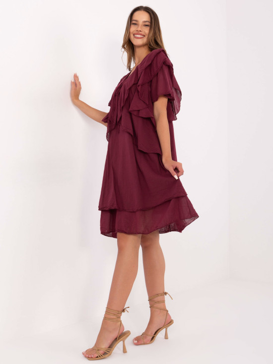 Oversize obleka s kratkimi rokavi v bordo barvi