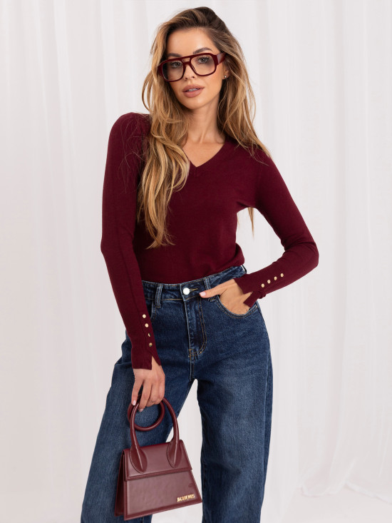 Eleganten bordo pulover z V-izrezom in gumbi