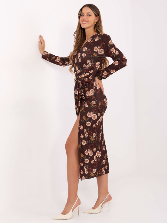 Rjava midi obleka s cvetličnim vzorcem in preklopnim izrezom