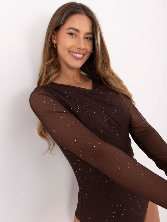 Elegantno rjavo body z aplikacijo in dolgimi rokavi