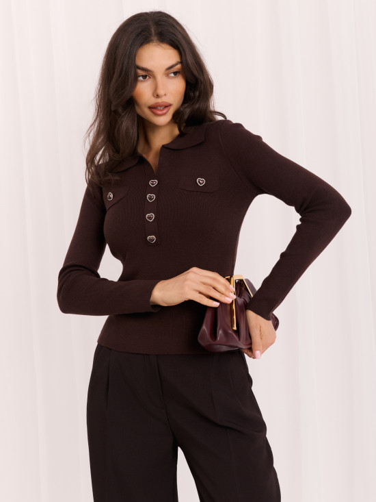 Eleganten rjav polo pulover z ovratnikom