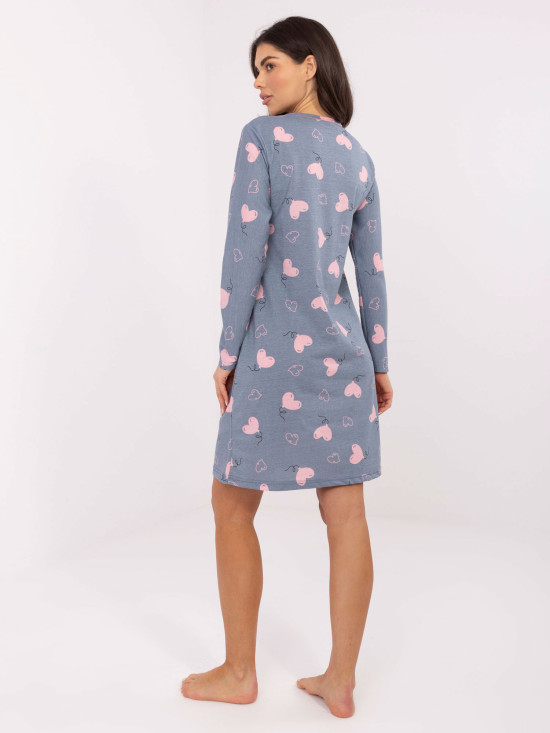 Ženska nočna srajca z dolgimi rokavi, temno modra, bombažna