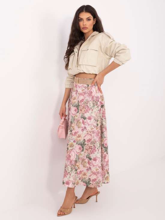 Elegantno midi krilo s cvetličnim vzorcem in pasom, roza