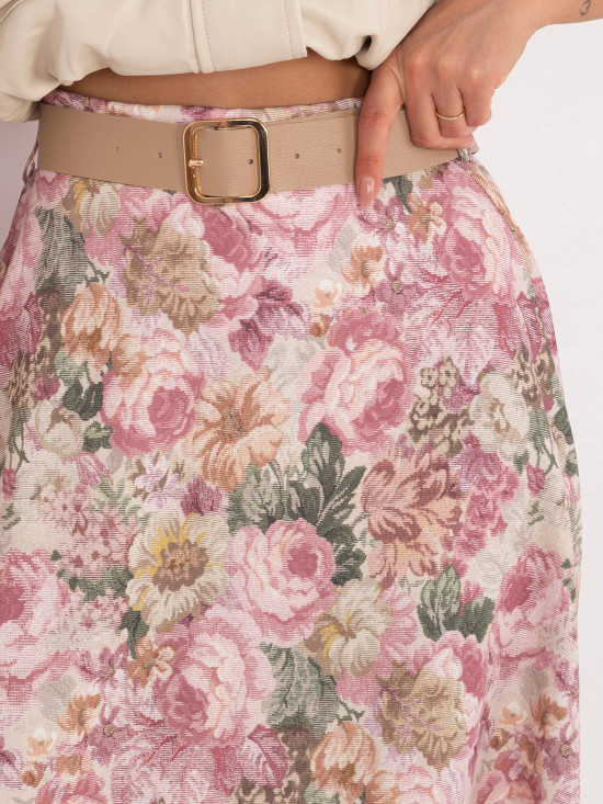 Elegantno midi krilo s cvetličnim vzorcem in pasom, roza