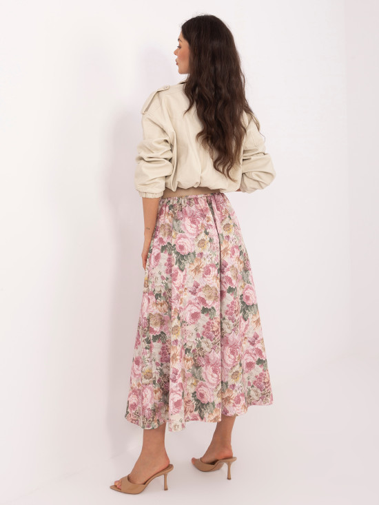 Elegantno midi krilo s cvetličnim vzorcem in pasom, roza