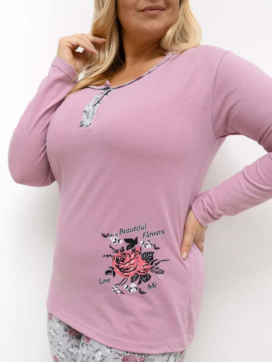 Ženska pižama s cvetličnim vzorcem, dolg rokav, roza