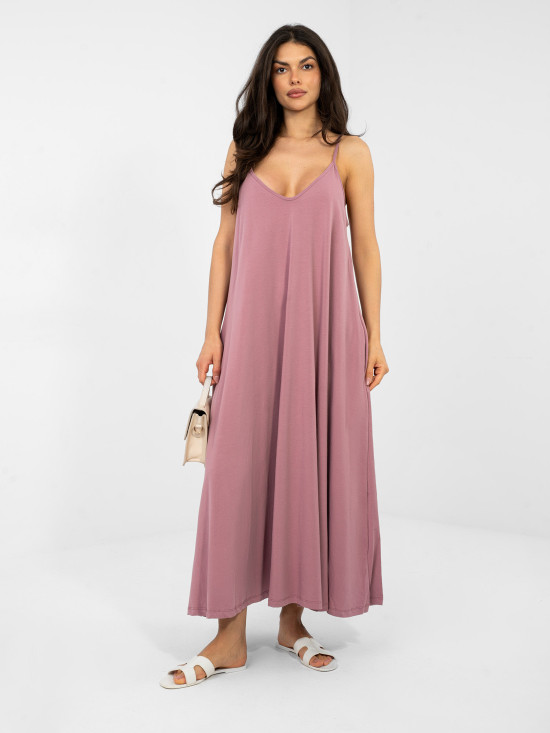 Maksimalna poletna obleka z V-izrezom in žepi, temno roza