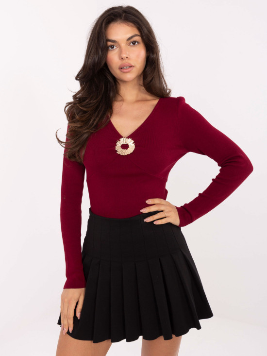 Elegantni bordo pulover z V-izrezom