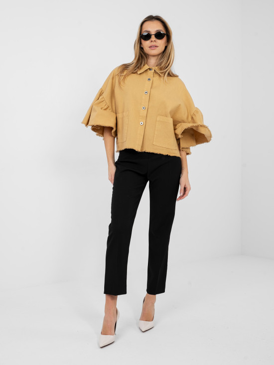 Kratka rjava bombažna jakna z volanom in 3/4 rokavi