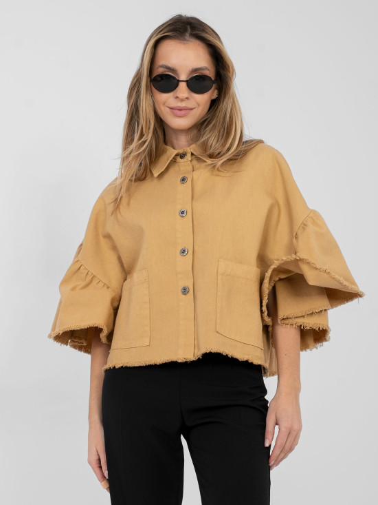 Kratka rjava bombažna jakna z volanom in 3/4 rokavi