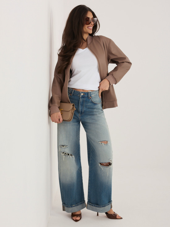 Bež jakna iz umetnega usnja s stoječim ovratnikom